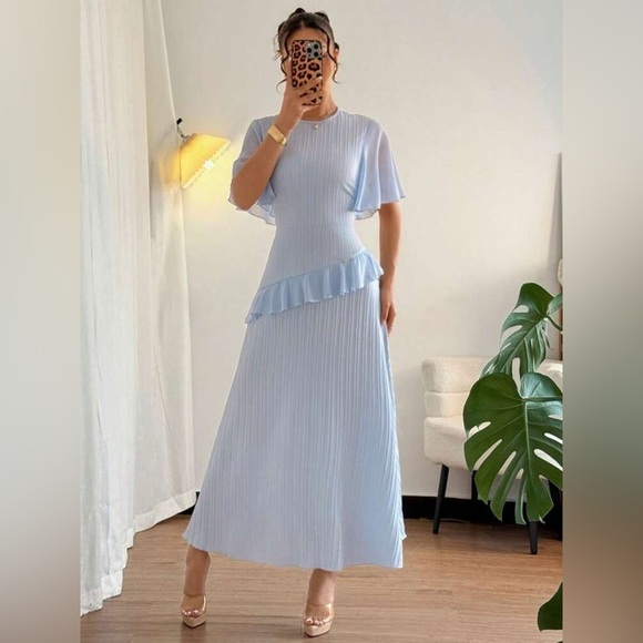 Ruffled Round Neck Flutter Sleeve Dress - Picture 2 of 6